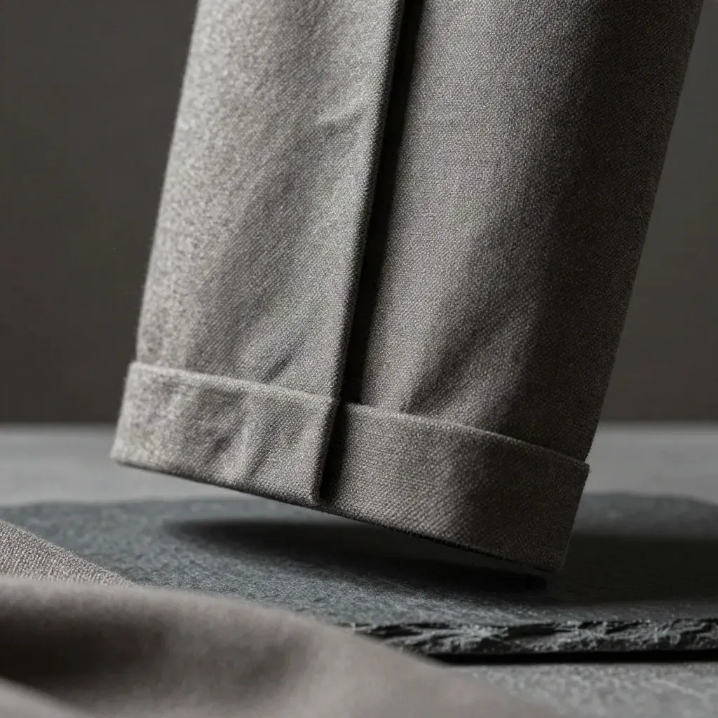 Pantalone di lana pettinata sospeso su fondo grafite con pietra scura e grana fine.
