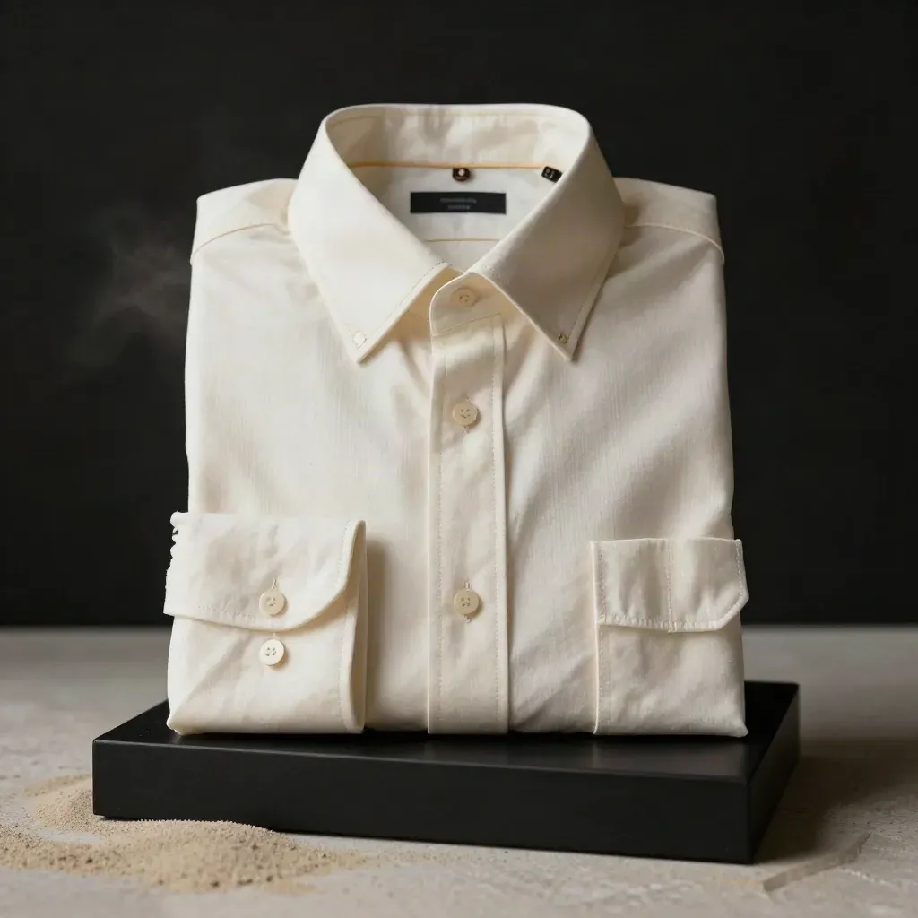 Camicia Oxford avorio su travertino, colletto aperto e piega diagonale in luce dorata.