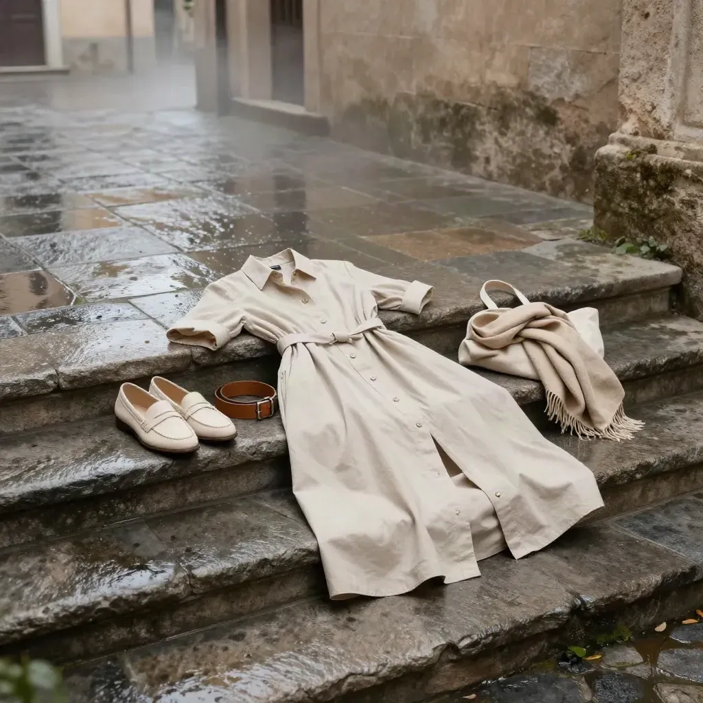 Abito camicia in cotone con mocassini e accessori su pietra bagnata, luce morbida.