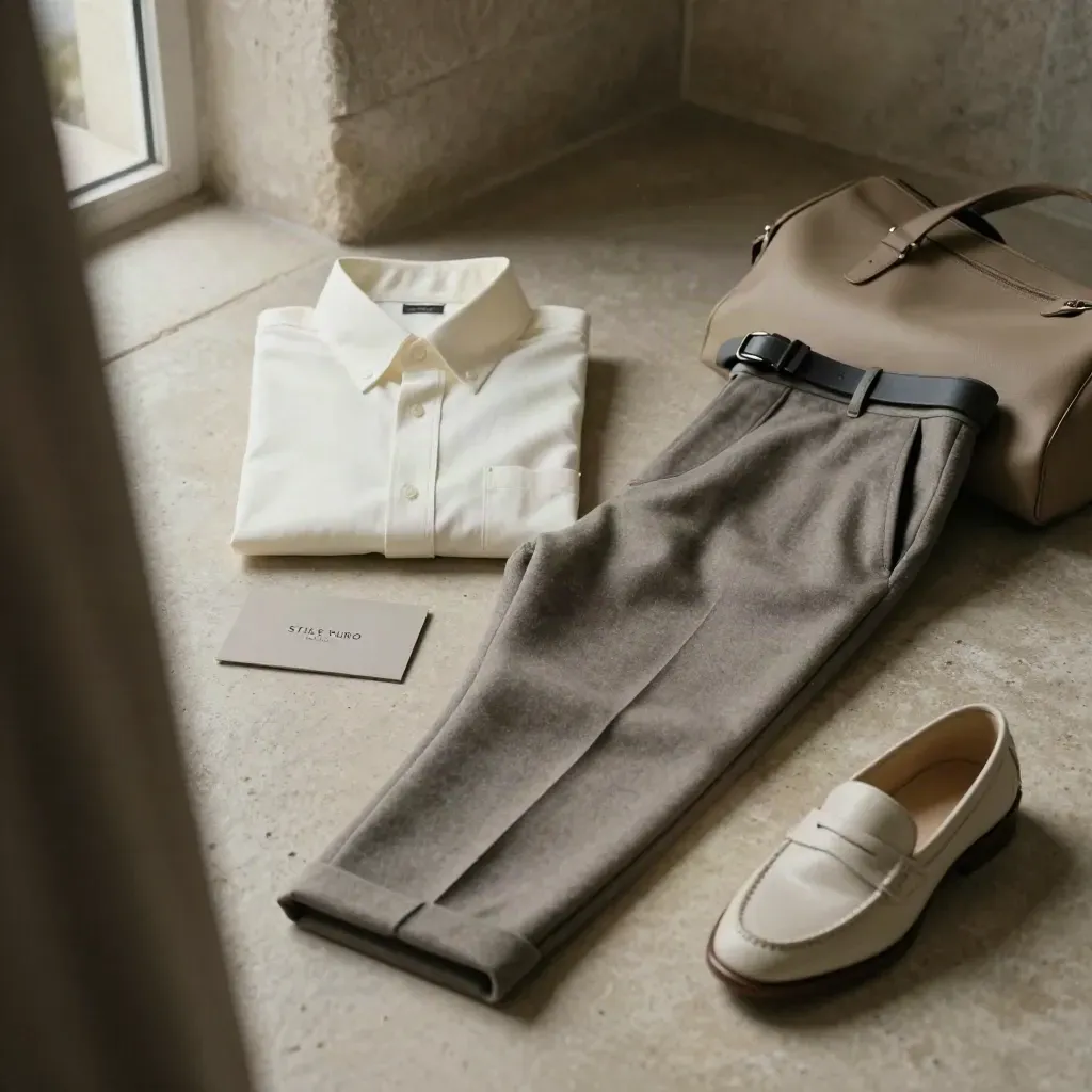 Set moda neutro con camicia avorio, pantalone taupe, mocassini e borsa in stanza di pietra