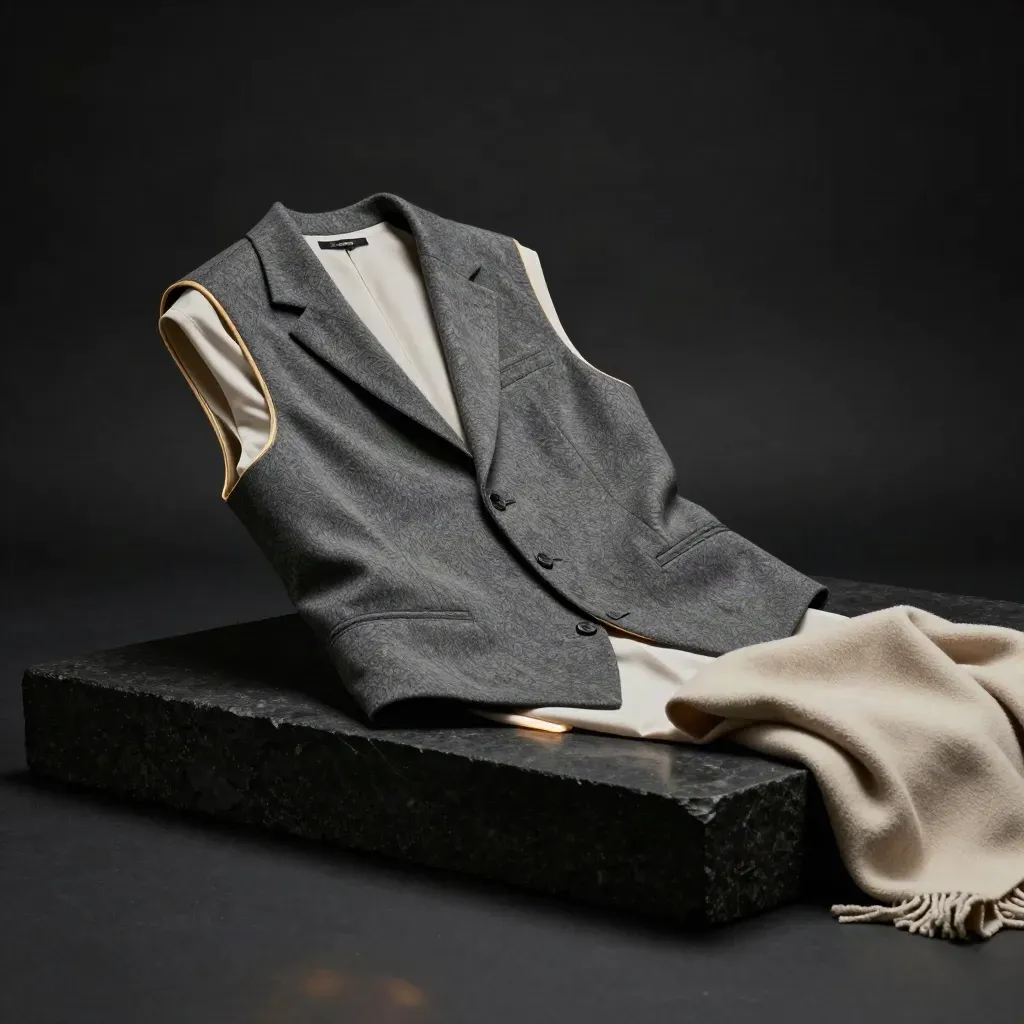Gilet di lana drappeggiato su pietra scura con camicia chiara e scialle piegato, luce radente.
