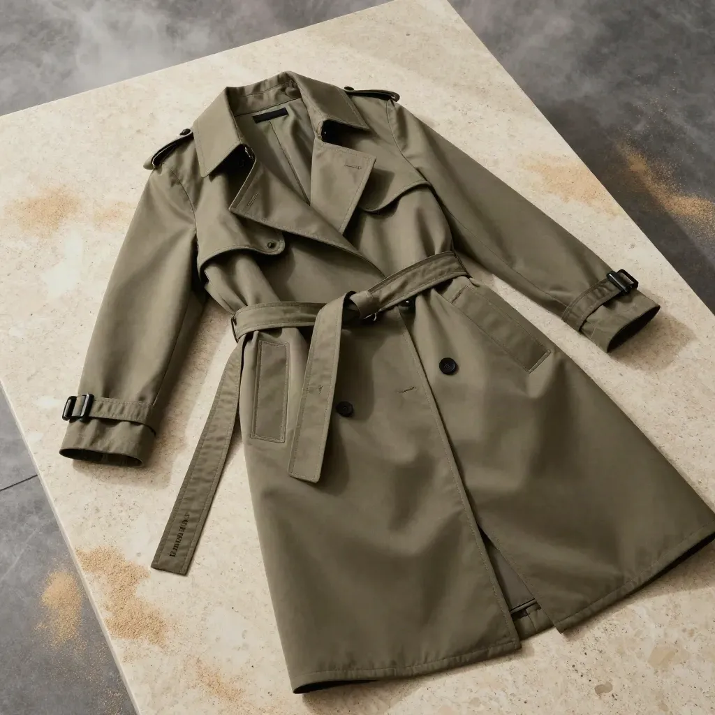 Trench khaki piegato a ventaglio con cintura su travertino, visto dall’alto.