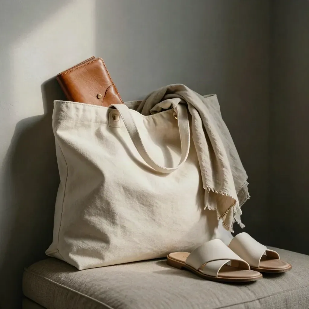 Borsa avorio con portafoglio, foulard e sandalo chiaro su appoggio morbido.