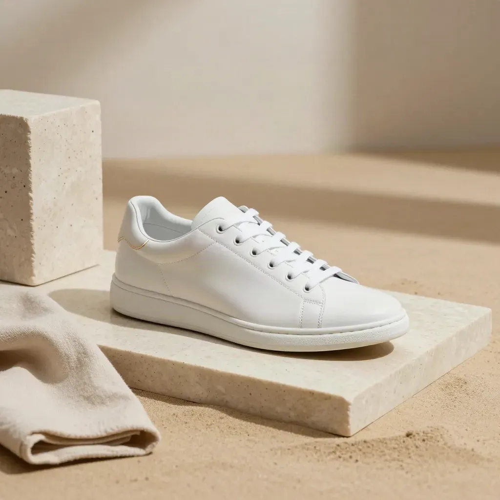 Scarpa sneaker bianca su lastra di travertino con stoffa e ombra lunga