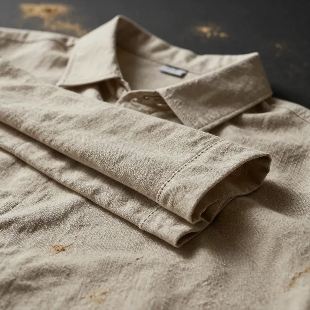 Macro del lino di una camicia terra, piega morbida e colletto aperto su fondo sabbioso.