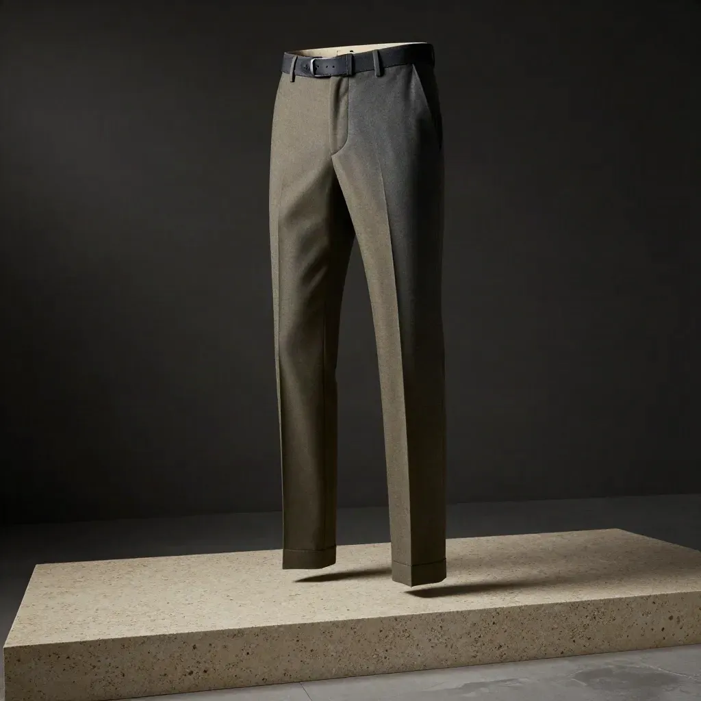 Pantalone slim in lana su gradino di pietra con cintura e swatch di tessuto, luce drammatica.
