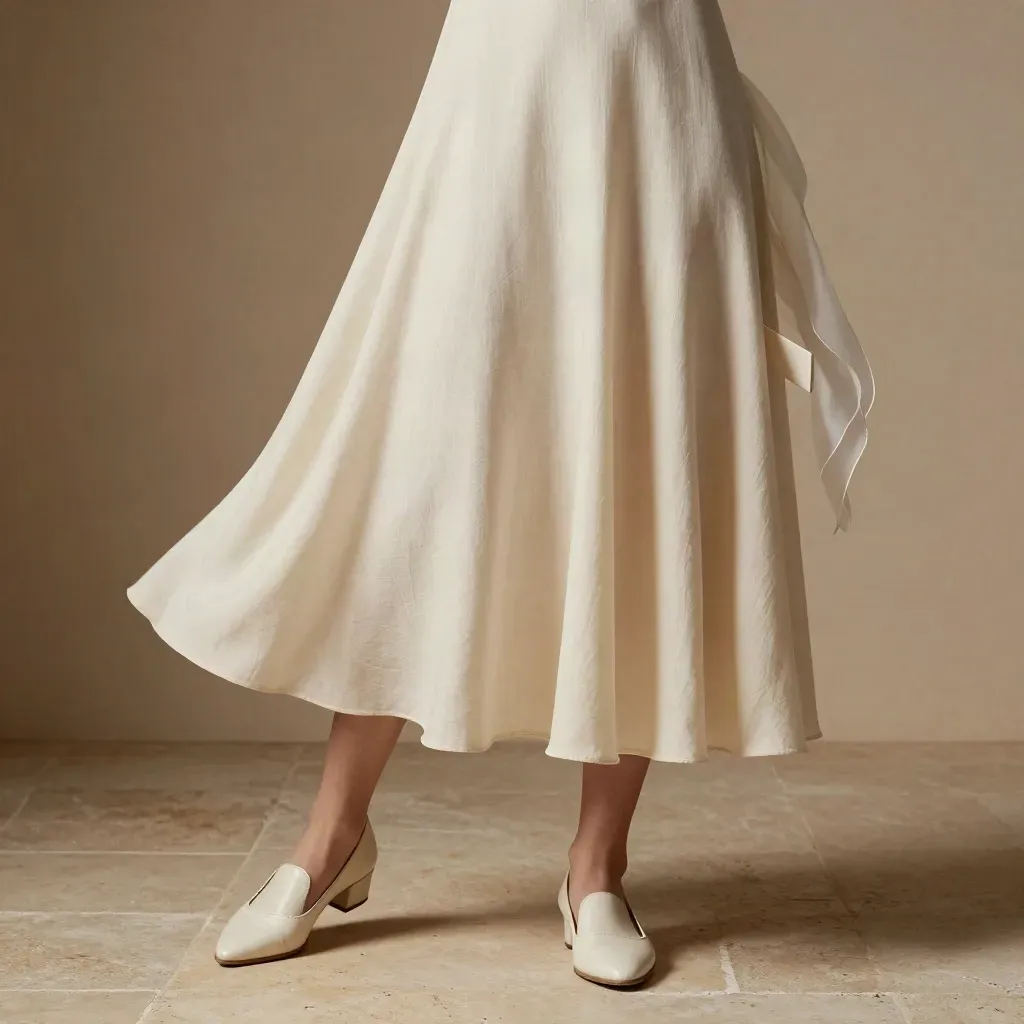 Abito midi crema con pieghe di lino, scarpa chiara e scialle in set elegante.