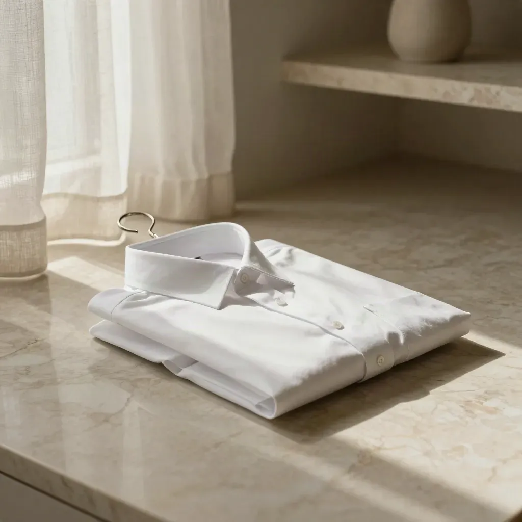 Atelier luminoso con piano in marmo crema, camicia piegata e tende di lino.