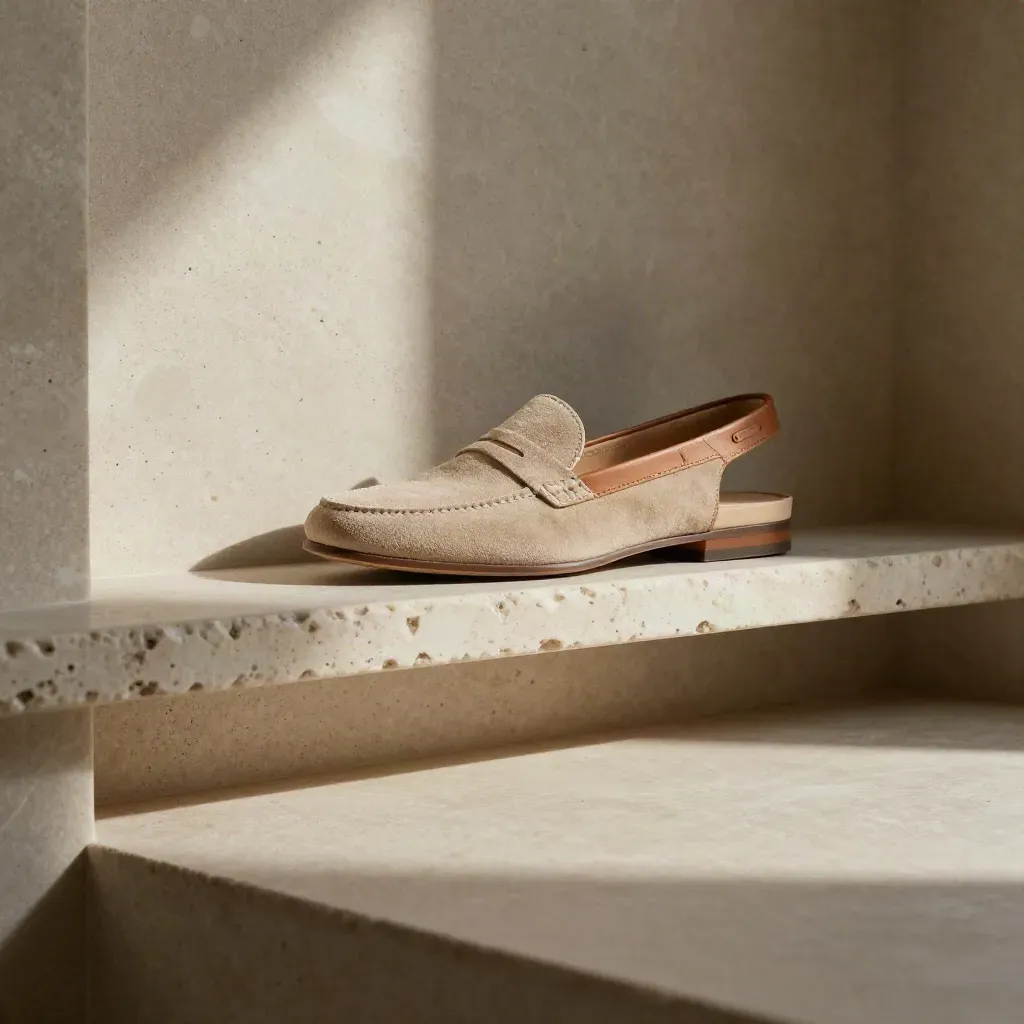 Nicchia in travertino con scarpe essenziali in pelle e camoscio, luce calda e spazio vuoto.