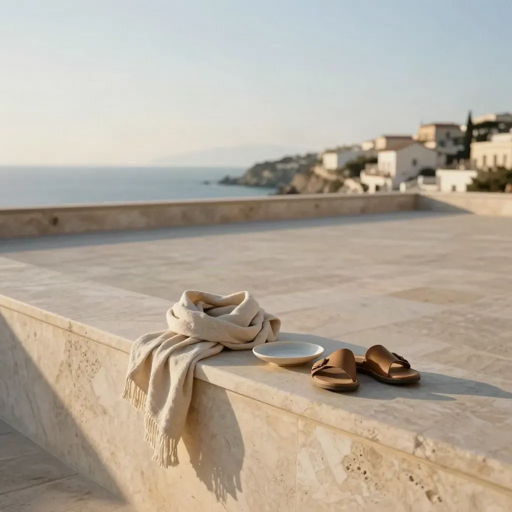 Terrazza mediterranea in pietra con accessori neutri e cielo alto luminoso